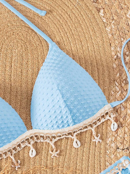 Swim Vcay Springbreak Solid Textured Fabric Shell Lanyard Decoration Halter Bikini Top & Tie-Up Triangle Bottoms, Summer Beach Party Women Bikini Set