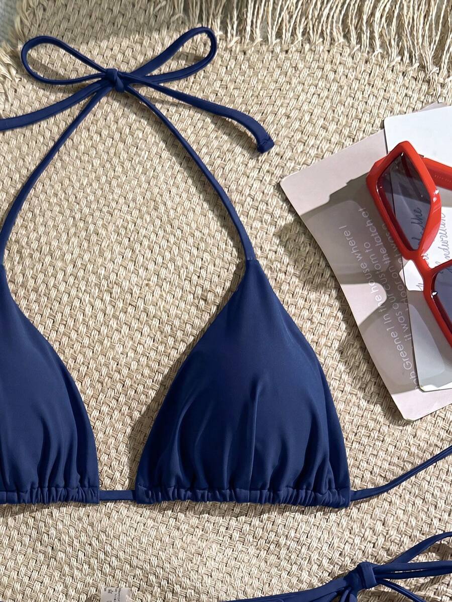 Women's Solid Halter Bikini Set - Knot Detail, Tie Side, Triangle Cup, Navy Blue