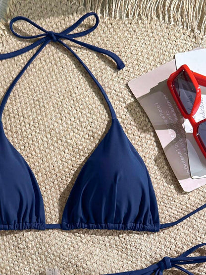 Women's Solid Halter Bikini Set - Knot Detail, Tie Side, Triangle Cup, Navy Blue