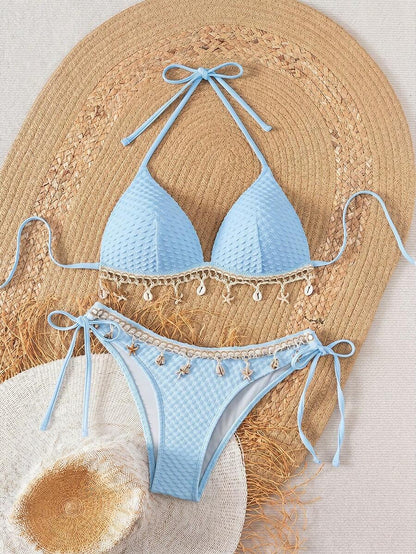 Swim Vcay Springbreak Solid Textured Fabric Shell Lanyard Decoration Halter Bikini Top & Tie-Up Triangle Bottoms, Summer Beach Party Women Bikini Set