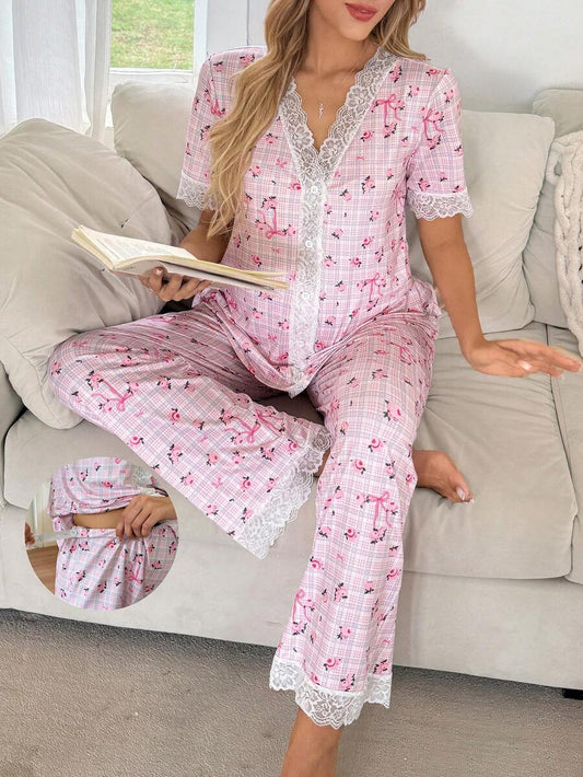 Maternity Pajama Set - Plaid Floral Lace Contrast Color Short Sleeve Top and Pants, Romantic
