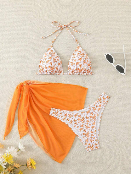 Women's 3-Piece Shell Print Bikini Set - V-Neck Halter, Triangle, Side Tie Skirt, Multicolor