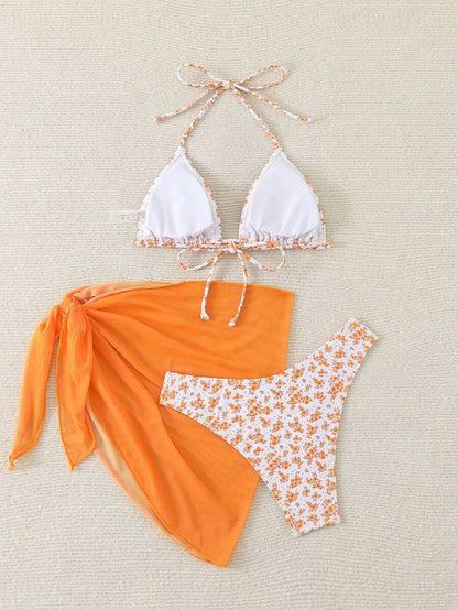 Women's 3-Piece Shell Print Bikini Set - V-Neck Halter, Triangle, Side Tie Skirt, Multicolor