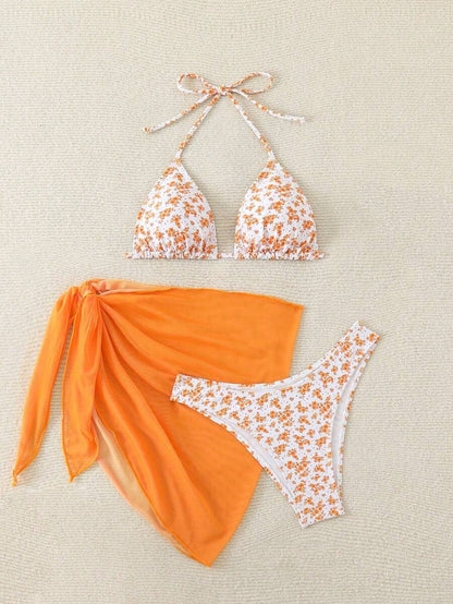 Women's 3-Piece Shell Print Bikini Set - V-Neck Halter, Triangle, Side Tie Skirt, Multicolor