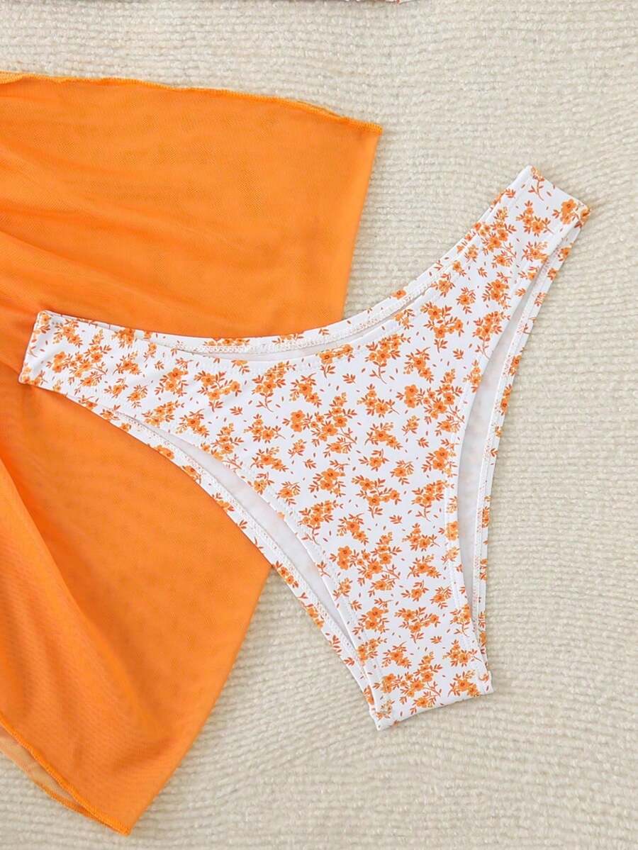 Women's 3-Piece Shell Print Bikini Set - V-Neck Halter, Triangle, Side Tie Skirt, Multicolor