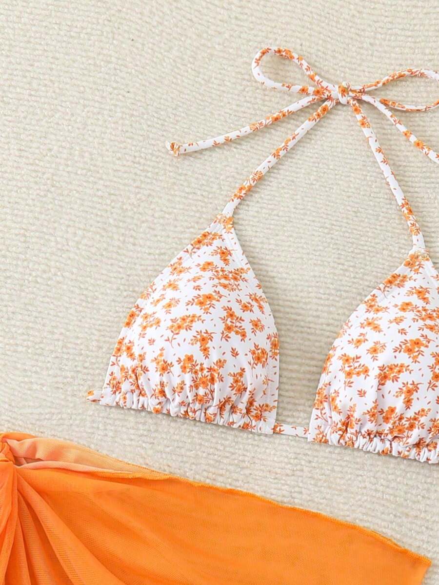 Women's 3-Piece Shell Print Bikini Set - V-Neck Halter, Triangle, Side Tie Skirt, Multicolor
