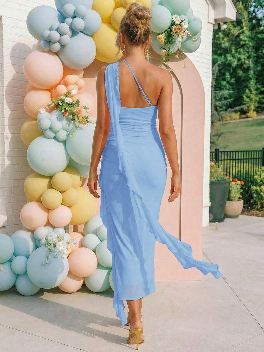 Pregnant Women's Solid Color One-Shoulder Long Dress, Fashionable Party Wear Dress Gender Reveal Dress Maternity Dress Baby Shower Dress
