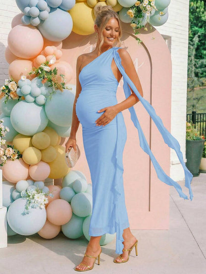 Pregnant Women's Solid Color One-Shoulder Long Dress, Fashionable Party Wear Dress Gender Reveal Dress Maternity Dress Baby Shower Dress