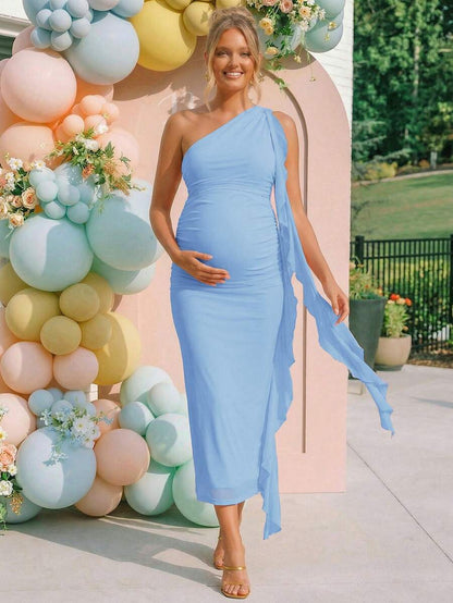 Pregnant Women's Solid Color One-Shoulder Long Dress, Fashionable Party Wear Dress Gender Reveal Dress Maternity Dress Baby Shower Dress