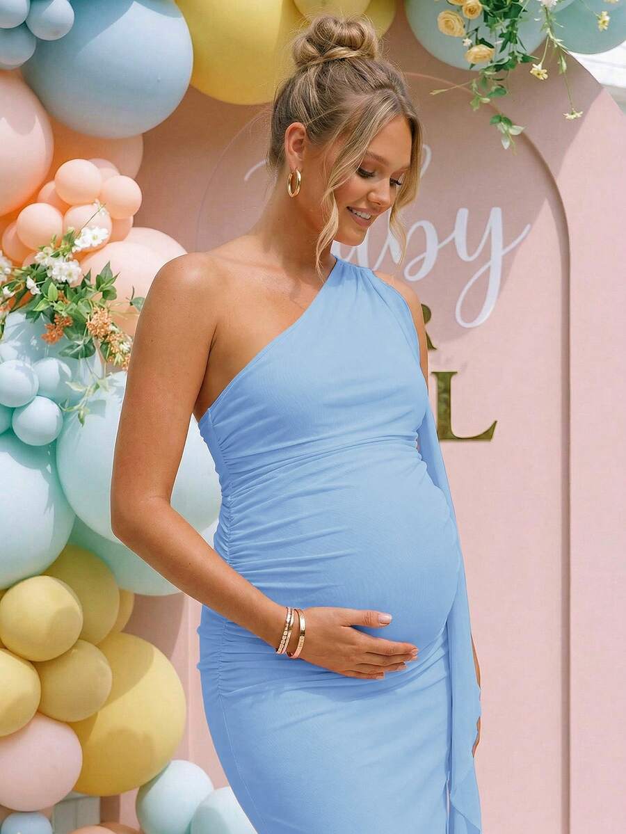 Pregnant Women's Solid Color One-Shoulder Long Dress, Fashionable Party Wear Dress Gender Reveal Dress Maternity Dress Baby Shower Dress