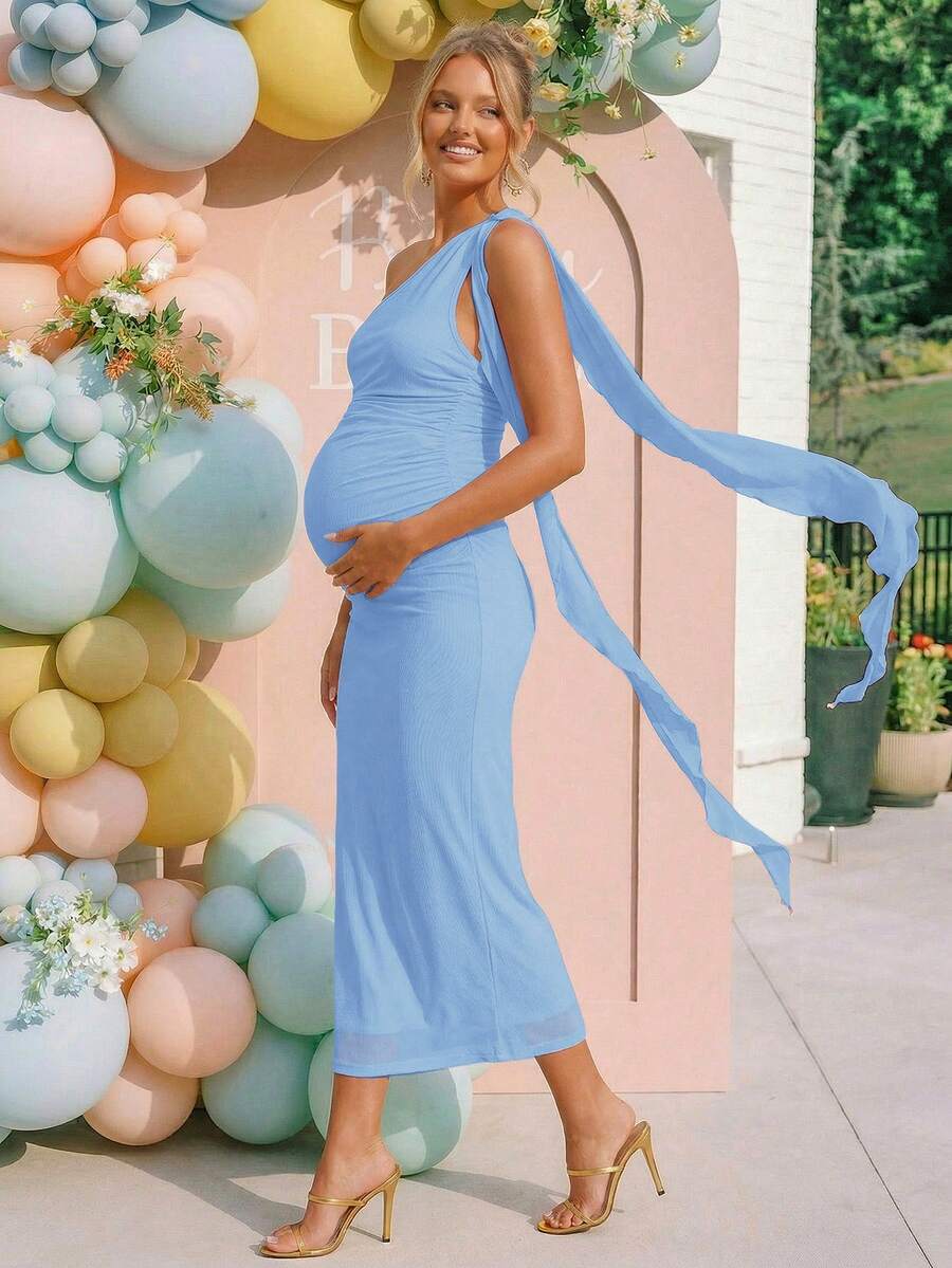 Pregnant Women's Solid Color One-Shoulder Long Dress, Fashionable Party Wear Dress Gender Reveal Dress Maternity Dress Baby Shower Dress