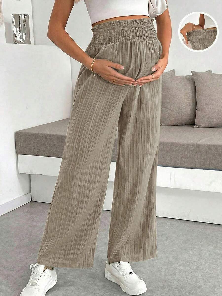 Maternity Wide Leg Pants - Shirred Waist, Loose Fit, Ultra High Waist, Apricot