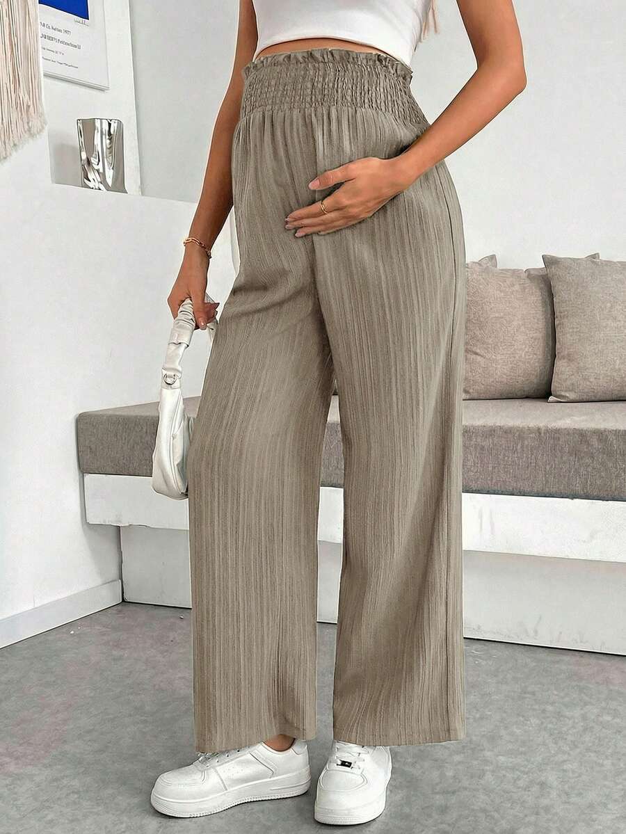 Maternity Wide Leg Pants - Shirred Waist, Loose Fit, Ultra High Waist, Apricot