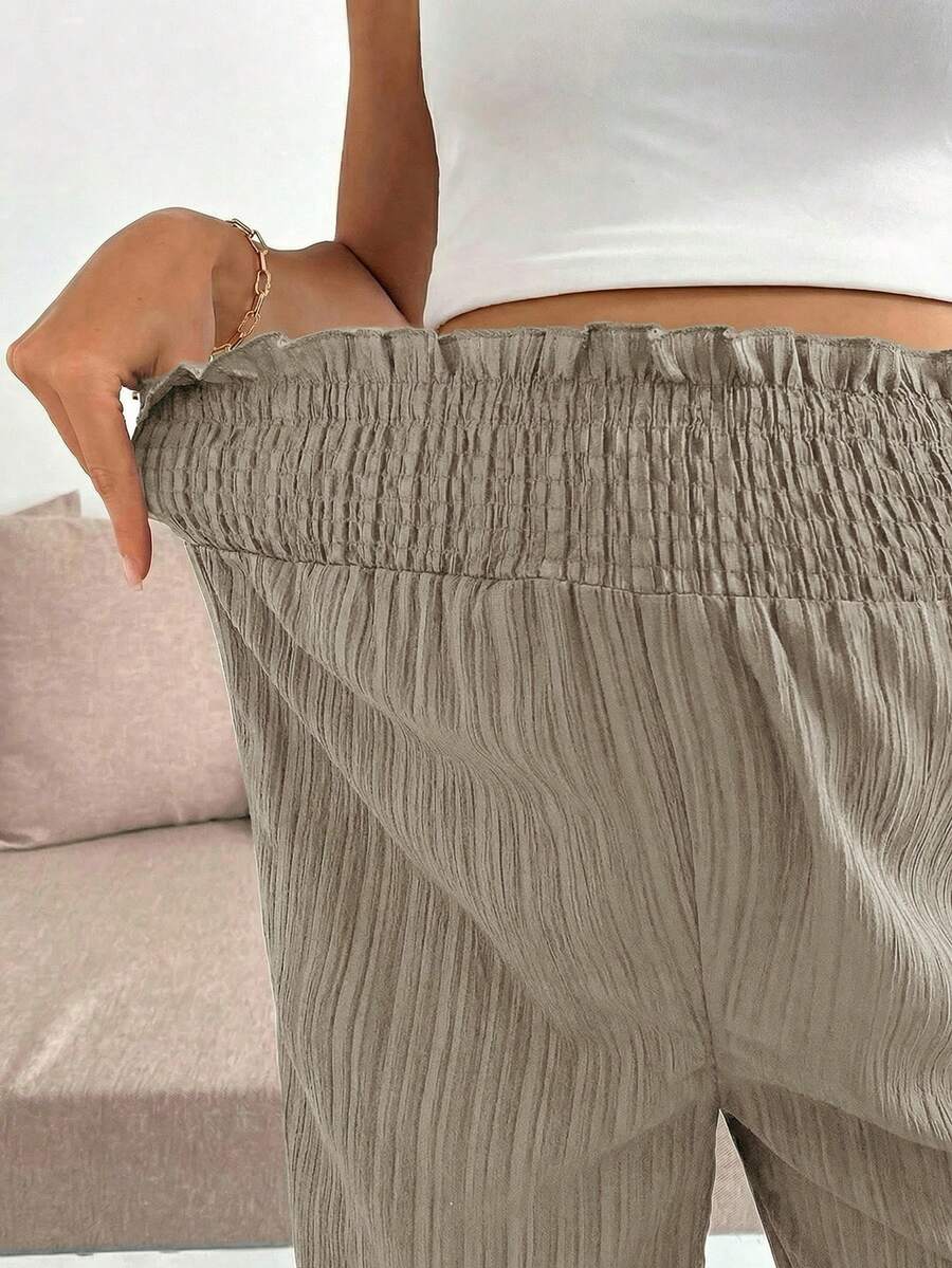 Maternity Wide Leg Pants - Shirred Waist, Loose Fit, Ultra High Waist, Apricot