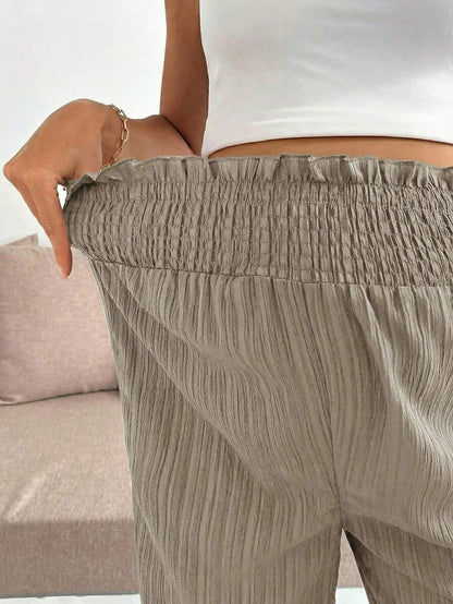 Maternity Wide Leg Pants - Shirred Waist, Loose Fit, Ultra High Waist, Apricot