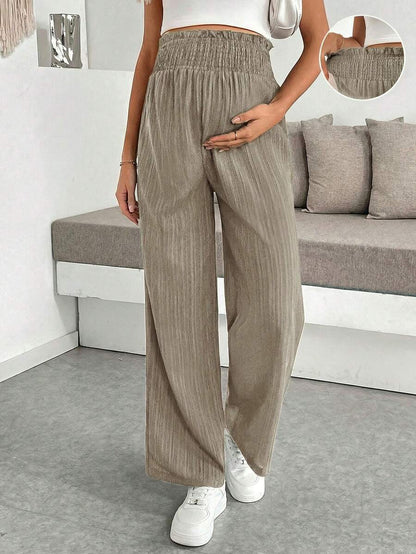 Maternity Paper Bag Waist Pants - Shirred, Wide Leg, Loose Fit, Navy Blue