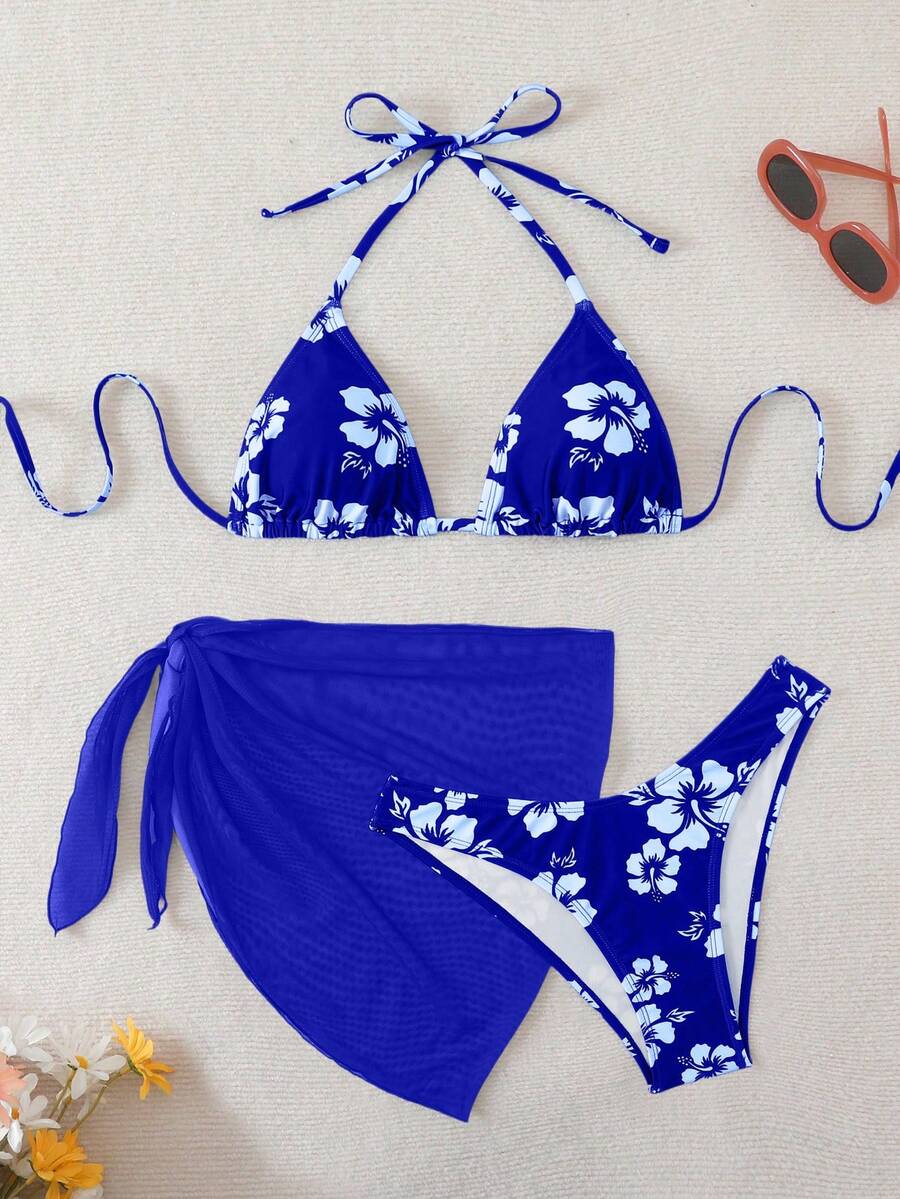 Women's 3-Piece Shell Print Bikini Set - V-Neck Halter, Triangle, Side Tie Skirt, Multicolor