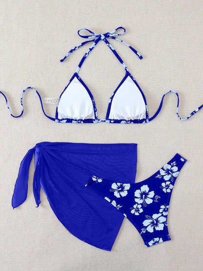 Women's 3-Piece Shell Print Bikini Set - V-Neck Halter, Triangle, Side Tie Skirt, Multicolor