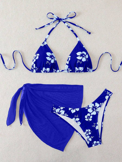 Women's 3-Piece Shell Print Bikini Set - V-Neck Halter, Triangle, Side Tie Skirt, Multicolor