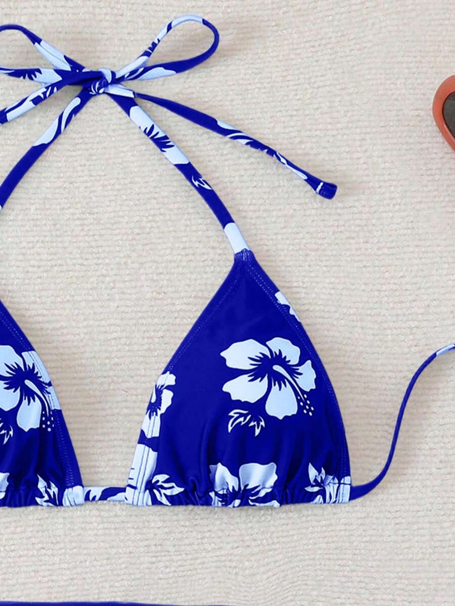 Women's 3-Piece Shell Print Bikini Set - V-Neck Halter, Triangle, Side Tie Skirt, Multicolor