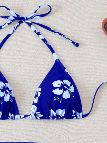 Women's 3-Piece Shell Print Bikini Set - V-Neck Halter, Triangle, Side Tie Skirt, Multicolor