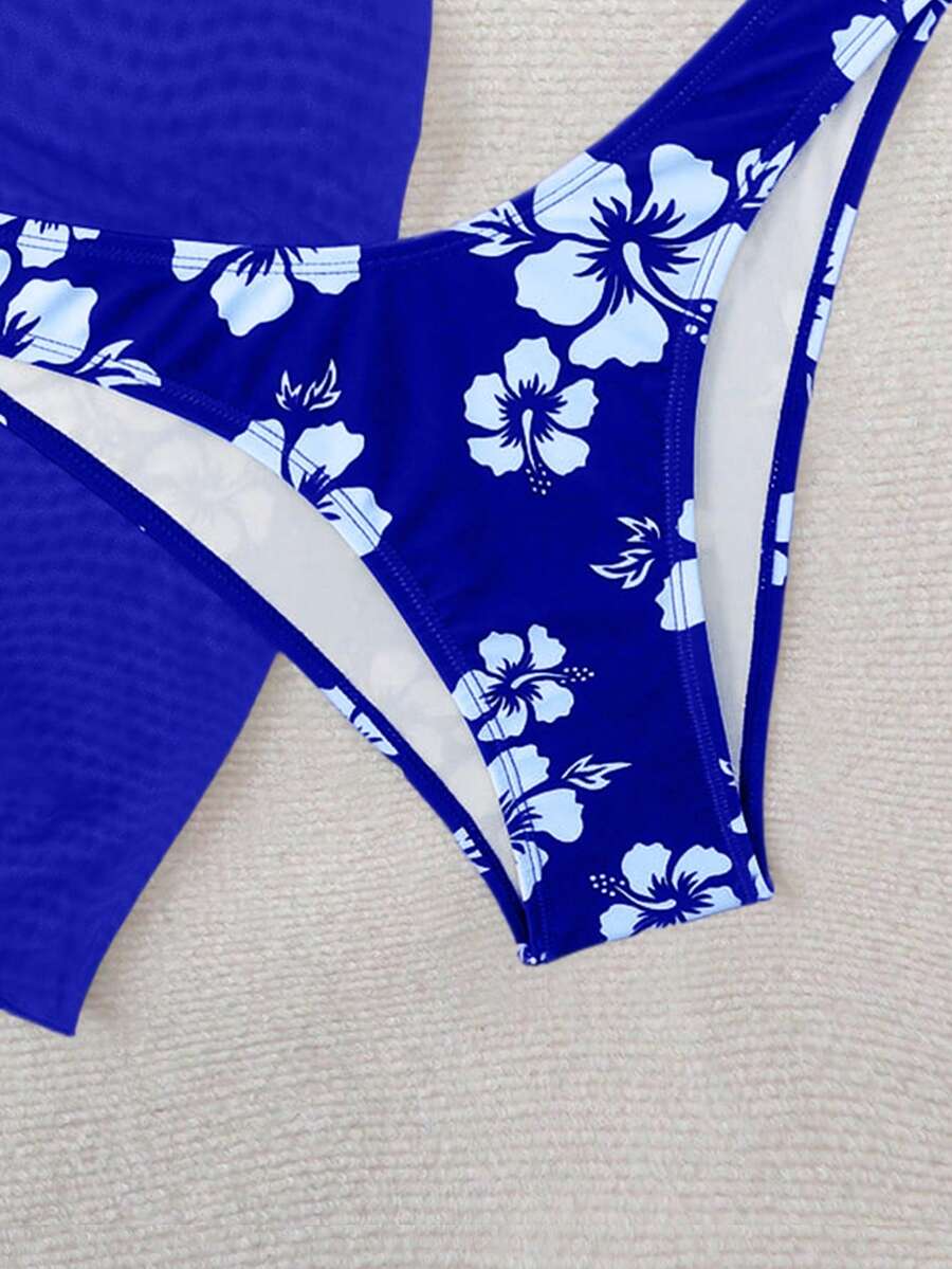 Women's 3-Piece Shell Print Bikini Set - V-Neck Halter, Triangle, Side Tie Skirt, Multicolor