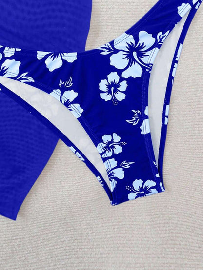 Women's 3-Piece Shell Print Bikini Set - V-Neck Halter, Triangle, Side Tie Skirt, Multicolor