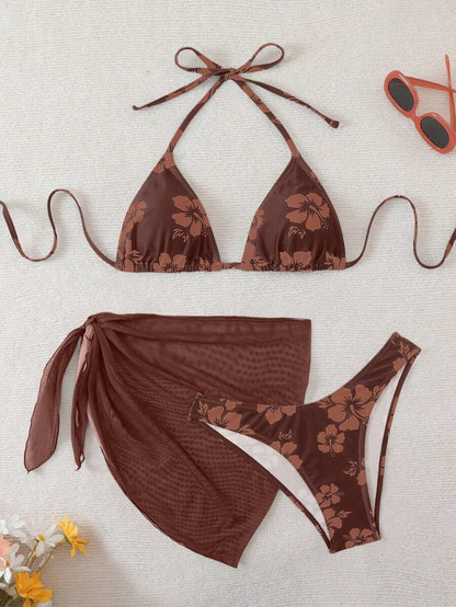 Women's 3-Piece Shell Print Bikini Set - V-Neck Halter, Triangle, Side Tie Skirt, Multicolor
