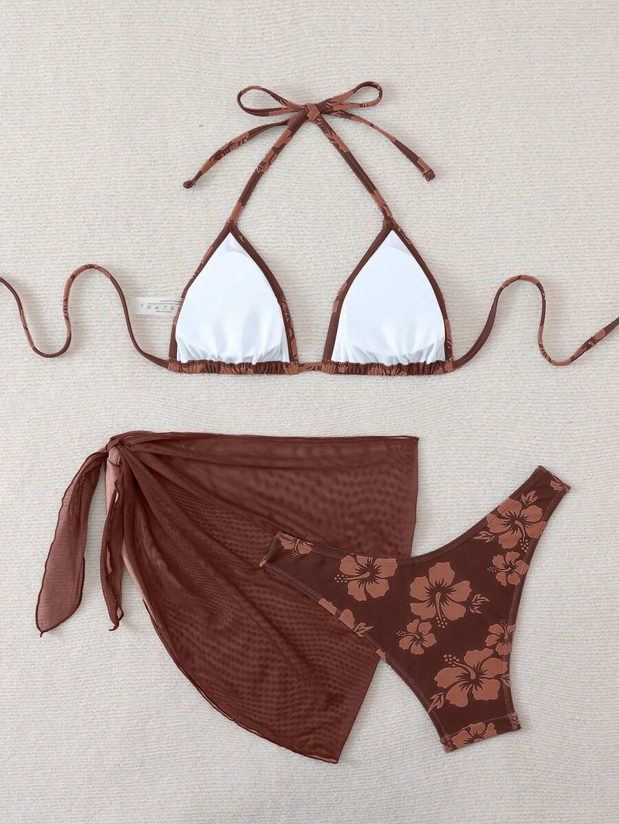 Women's 3-Piece Shell Print Bikini Set - V-Neck Halter, Triangle, Side Tie Skirt, Multicolor