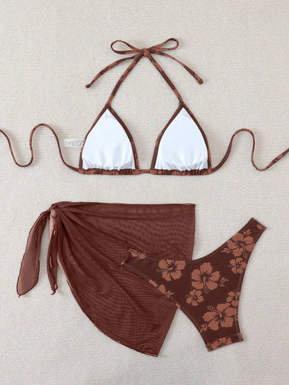 Women's 3-Piece Shell Print Bikini Set - V-Neck Halter, Triangle, Side Tie Skirt, Multicolor