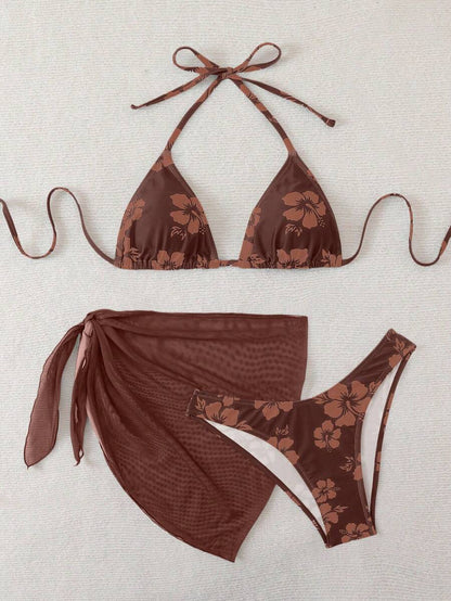 Women's 3-Piece Shell Print Bikini Set - V-Neck Halter, Triangle, Side Tie Skirt, Multicolor