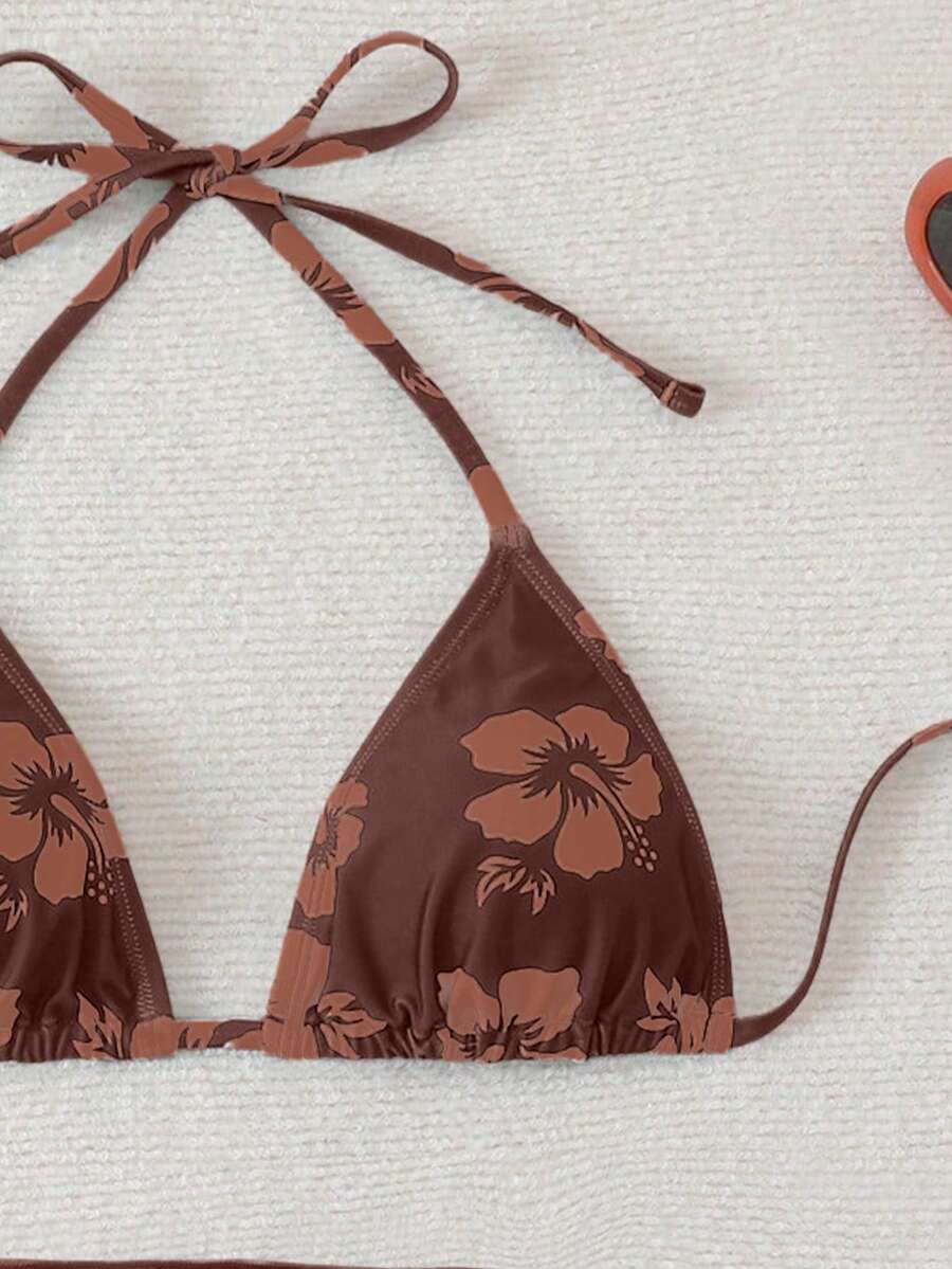 Women's 3-Piece Shell Print Bikini Set - V-Neck Halter, Triangle, Side Tie Skirt, Multicolor