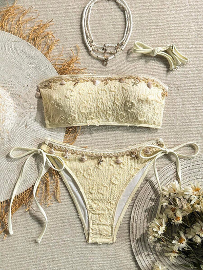 Women's 2-Piece Textured Bandeau Bikini Set - Shell Strap, Tie Side, Lace Up, White