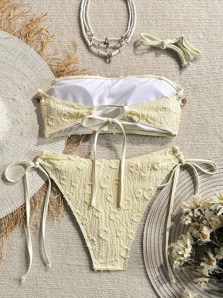 Women's 2-Piece Textured Bandeau Bikini Set - Shell Strap, Tie Side, Lace Up, White
