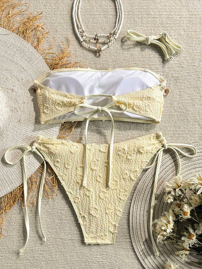 Women's 2-Piece Textured Bandeau Bikini Set - Shell Strap, Tie Side, Lace Up, White
