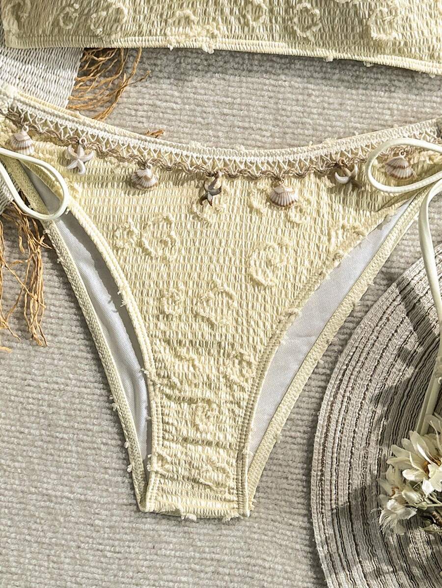 Women's 2-Piece Textured Bandeau Bikini Set - Shell Strap, Tie Side, Lace Up, White