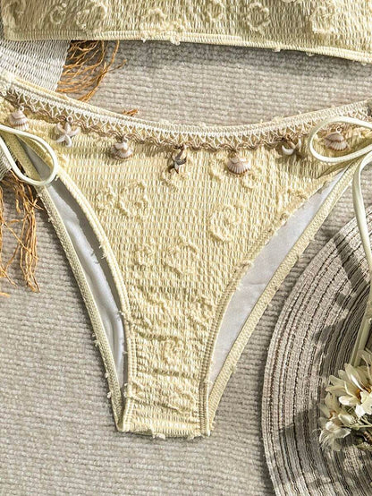 Women's 2-Piece Textured Bandeau Bikini Set - Shell Strap, Tie Side, Lace Up, White