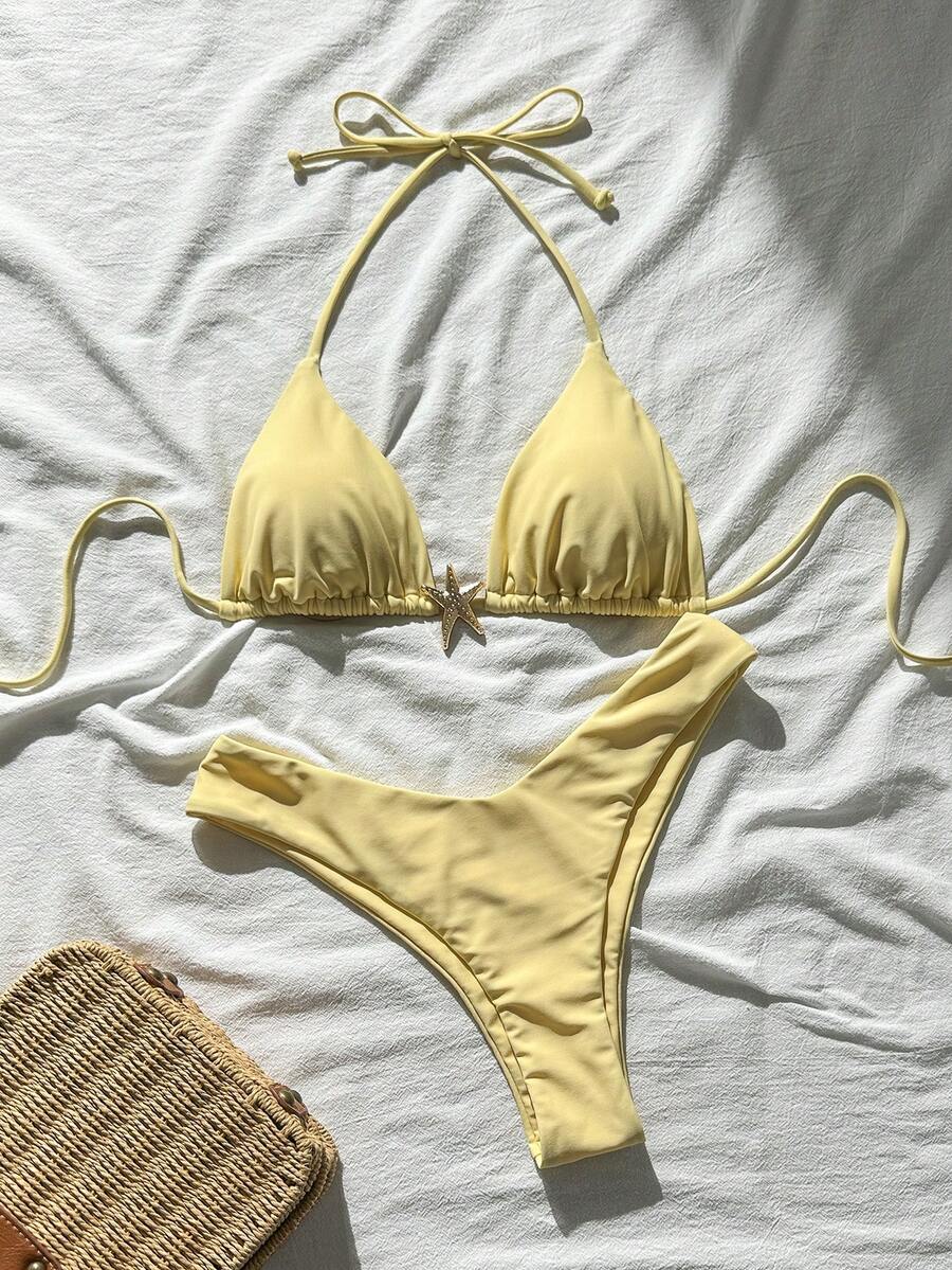 Swim Vcay Women's Solid Color Spaghetti Strap Metal Decor Sexy Bikini Set, Summer