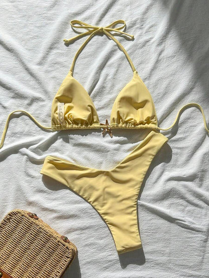 Swim Vcay Women's Solid Color Spaghetti Strap Metal Decor Sexy Bikini Set, Summer