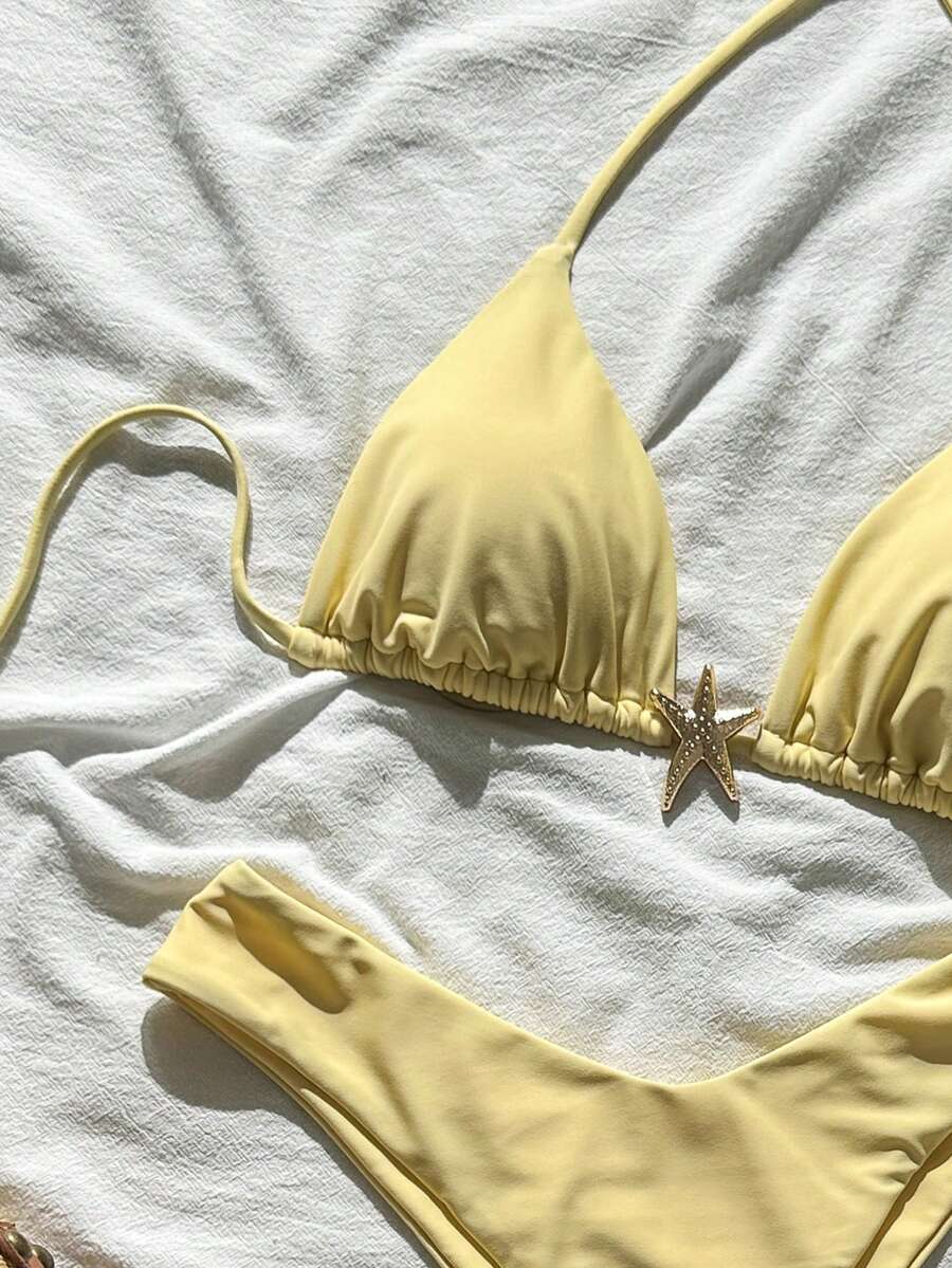 Swim Vcay Women's Solid Color Spaghetti Strap Metal Decor Sexy Bikini Set, Summer