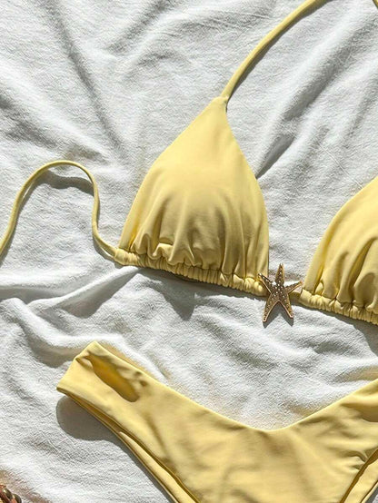 Swim Vcay Women's Solid Color Spaghetti Strap Metal Decor Sexy Bikini Set, Summer