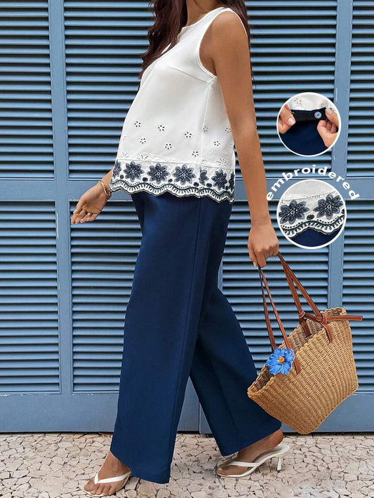Embroidered Maternity Vacation 2-Piece Set with Sleeveless Round Neck Blouse and Unlined Casual Wide Leg Pants Summer Beach Coords