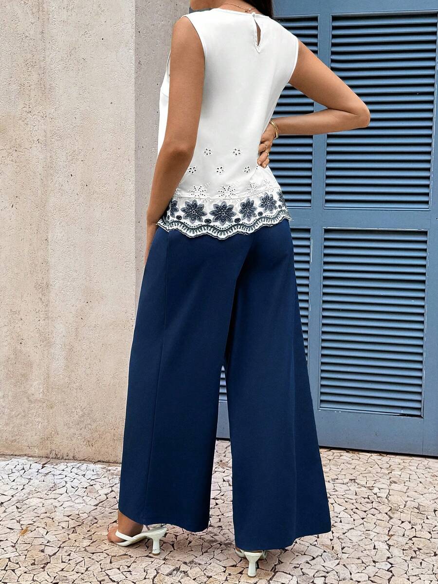 Embroidered Maternity Vacation 2-Piece Set with Sleeveless Round Neck Blouse and Unlined Casual Wide Leg Pants Summer Beach Coords