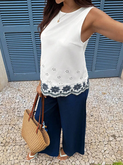 Embroidered Maternity Vacation 2-Piece Set with Sleeveless Round Neck Blouse and Unlined Casual Wide Leg Pants Summer Beach Coords