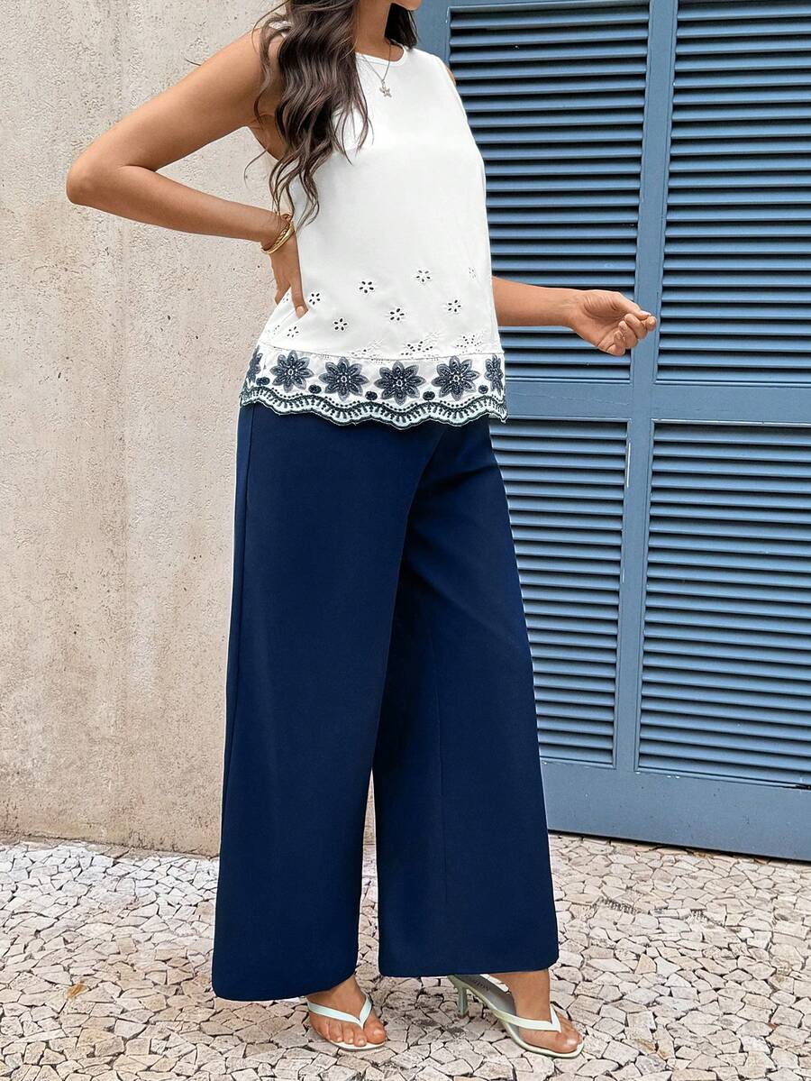 Embroidered Maternity Vacation 2-Piece Set with Sleeveless Round Neck Blouse and Unlined Casual Wide Leg Pants Summer Beach Coords