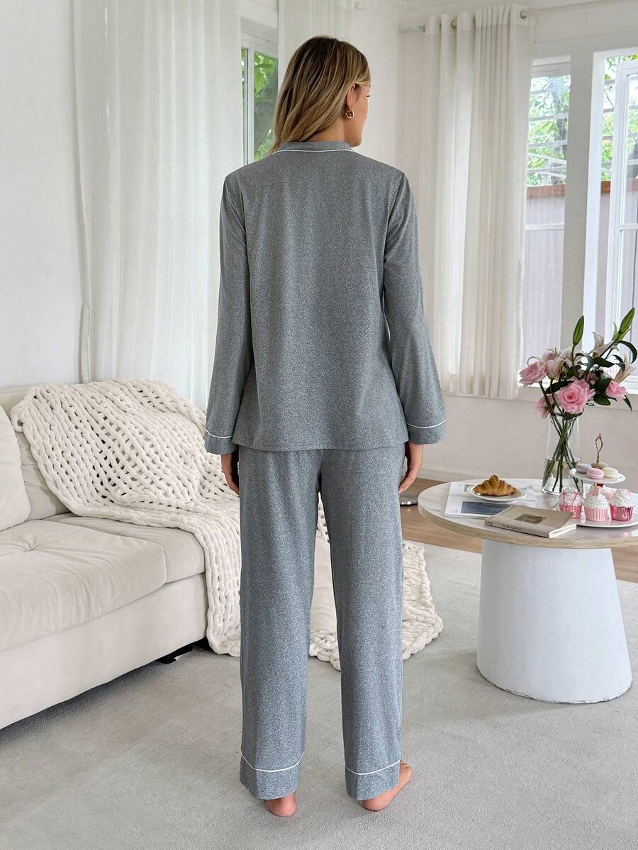 Burgundy Contrast Trim V-Neck Robe and Letter Embroidery Pants Maternity Lounge Set - 2 Piece Cozy Fall and Winter Sleepwear Set