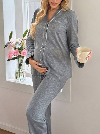 Burgundy Contrast Trim V-Neck Robe and Letter Embroidery Pants Maternity Lounge Set - 2 Piece Cozy Fall and Winter Sleepwear Set
