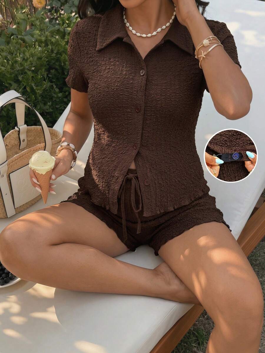 Brown 2-Piece Maternity Nursing Set - Short Sleeve Button-Up Shirt and Adjustable Waist Shorts - Slim Fit Casual Vacation Loungewear