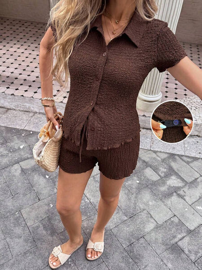 Brown 2-Piece Maternity Nursing Set - Short Sleeve Button-Up Shirt and Adjustable Waist Shorts - Slim Fit Casual Vacation Loungewear