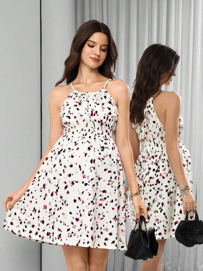 Maternity Sleeveless Spaghetti Strap Midi Dress Backless Geometric Print Halter Neck High Waist Summer Vacation Date Outfit